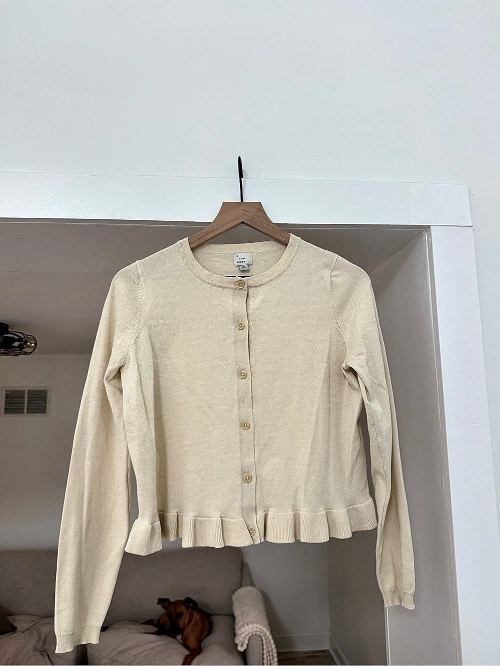 A New Day Long-Sleeve Button-Up Ruffle Hem Cardigan Cream